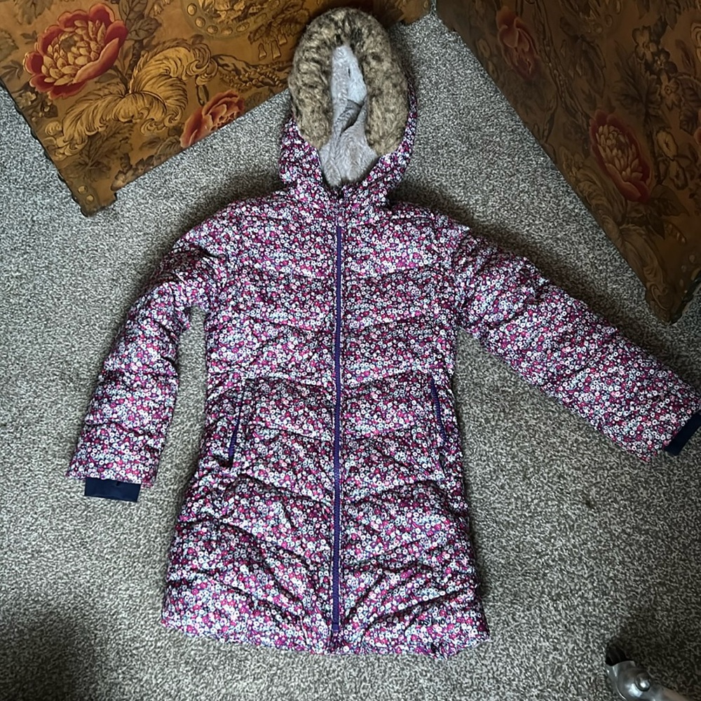 Lands’ End girls fleece lined coat hood floral pattern size M 5-6